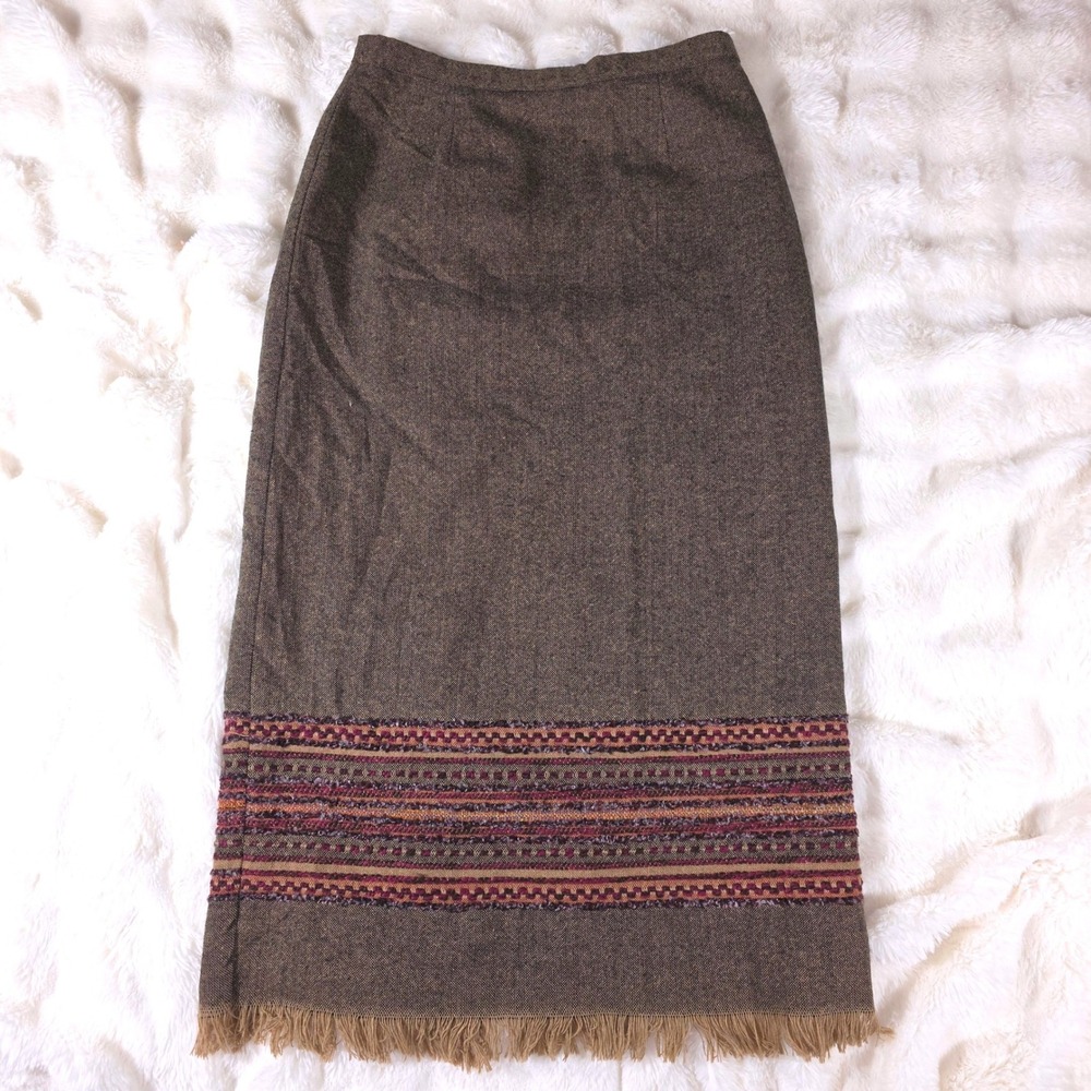 Sag Harbor Midi Skirt Womens 10 Brown Excellent Wool Blend Fringe Border 091